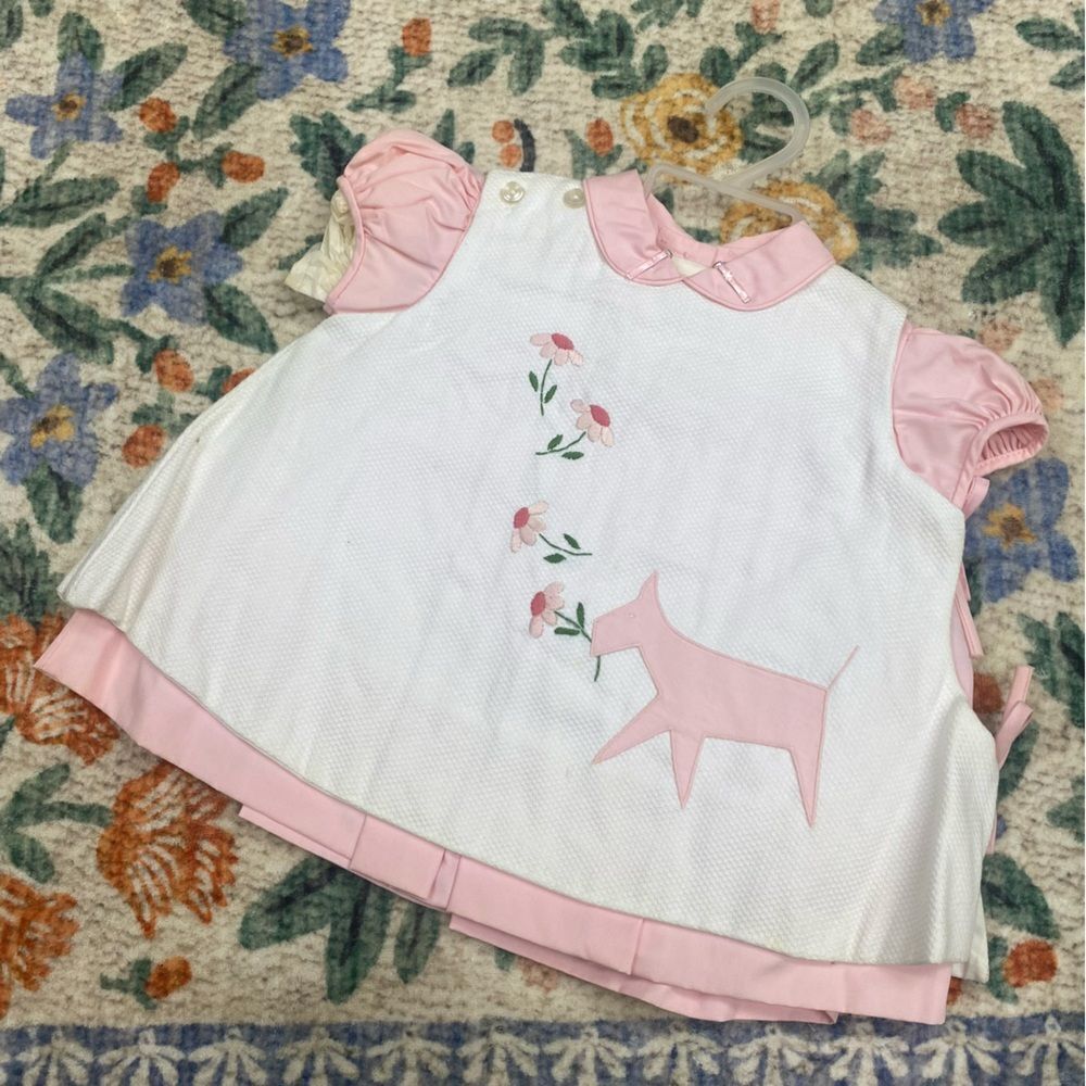 Vintage baby girl apron embroidered floral dress dog 12 months